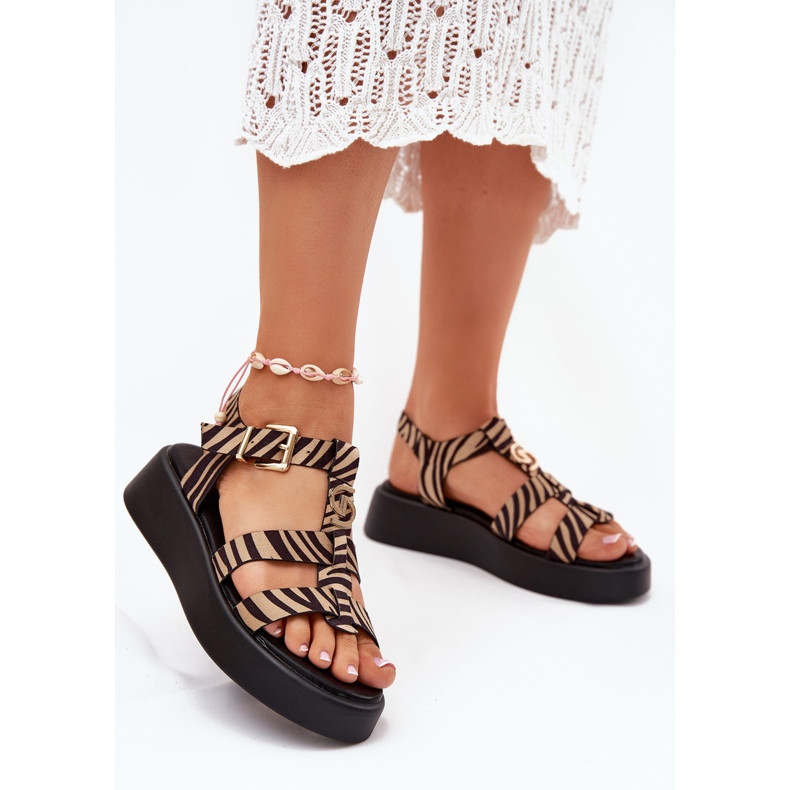 Women's sandals on the platform with a golden detail of beige-black zebra 2
