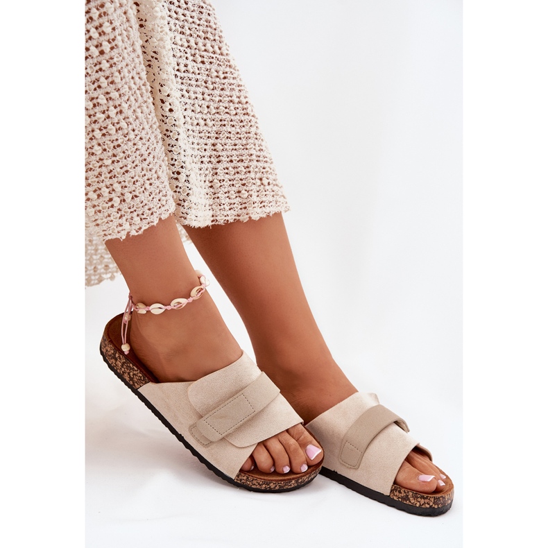 Women's flip flops with Velcro on a cork platform beige 2