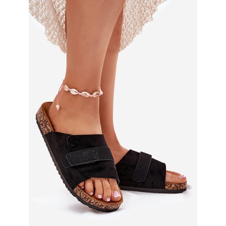 Women's flip flops with Velcro on the cork platform black 1