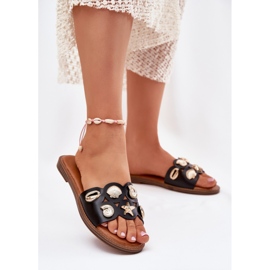 Flat -heeled women's flip flops with golden pins black pins 2