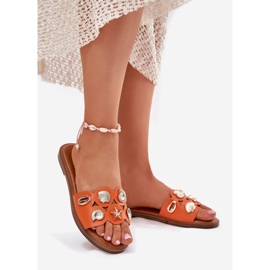 Flat -heeled women's flip flops with golden pins orange 2
