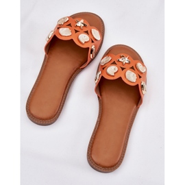 Flat -heeled women's flip flops with golden pins orange 1