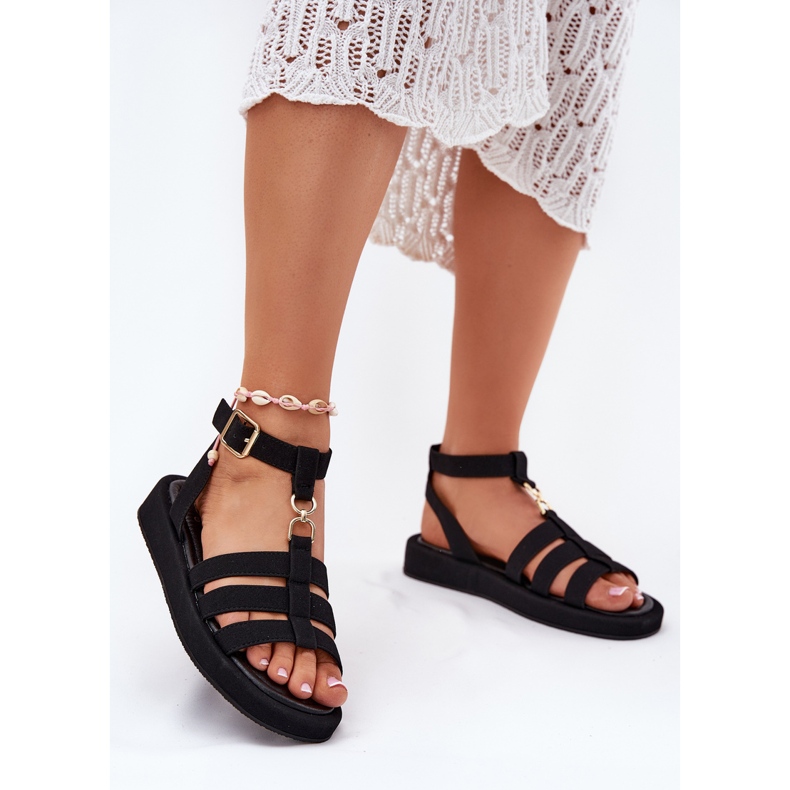 Women's sandals on the platform with a golden detail black 1