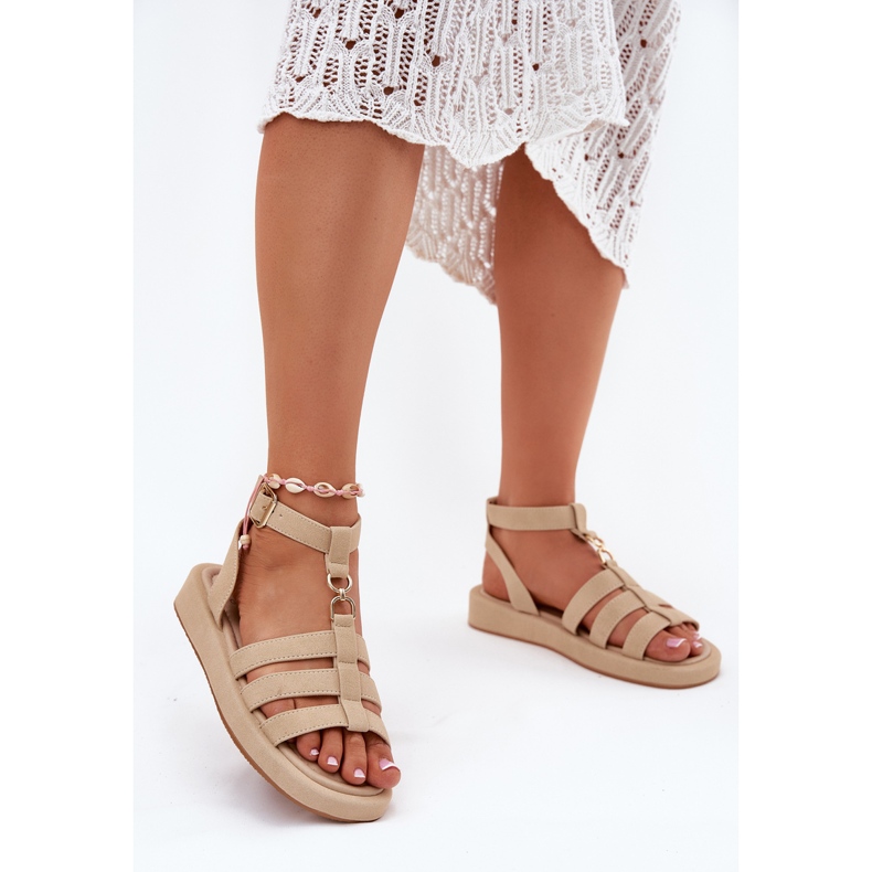 Women's sandals on the platform with golden detail beige 2