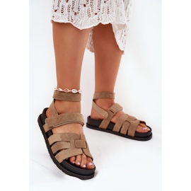 Eco suede women's sandals with Velcro dark beige 2