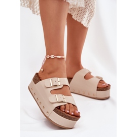 Women's flip flops with buckles on a massive platform beige 2