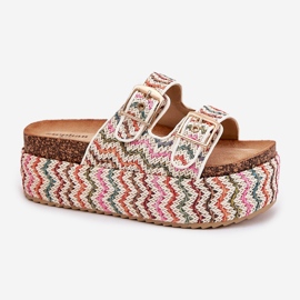 Women's slippers on a massive platform with braid and multicolor buckles white 1