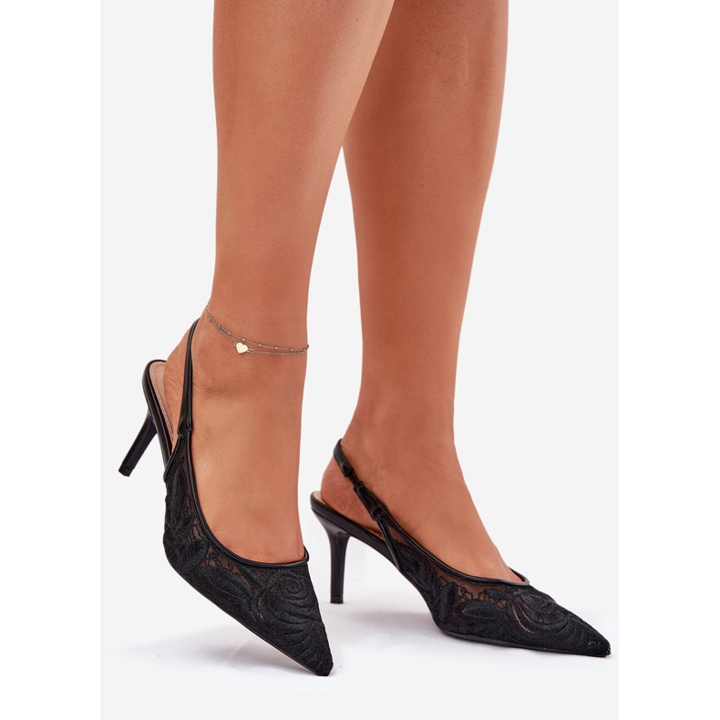 Lace heels sandals with an open heel black 2