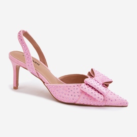 Decorated high heels with an open heel and pink bow 1
