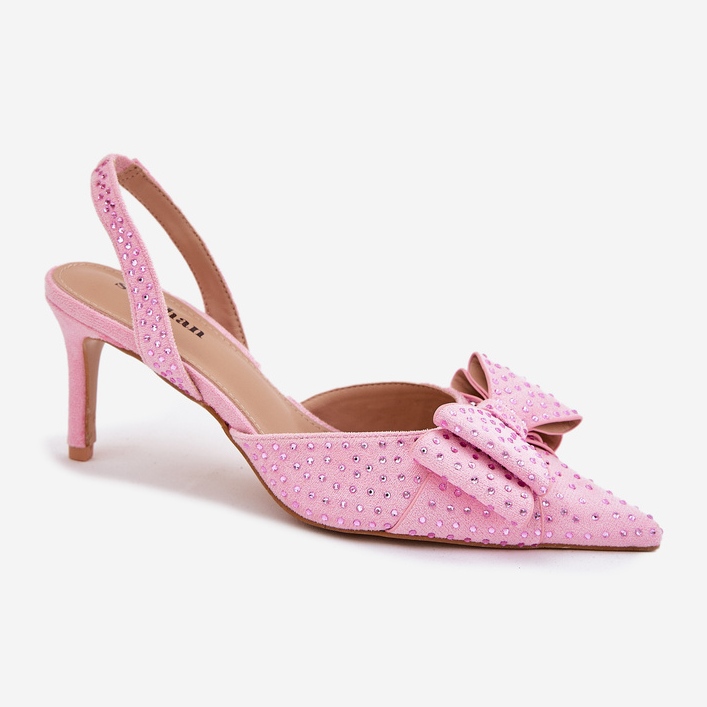 Decorated high heels with an open heel and pink bow 1