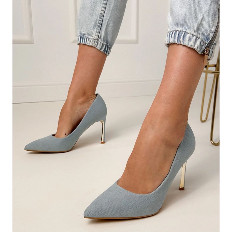 Classic jeans pumps on a golden pin blue 1 Classic jeans pumps on a golden pin blue 1