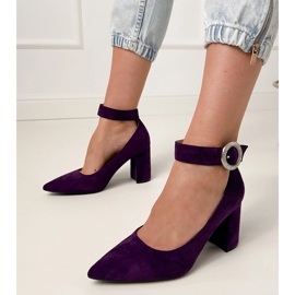Purple pumps on the post with a buckle and zircons violet 1