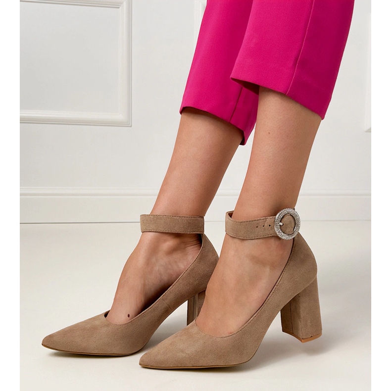 Beige pumps on the post with a buckle and zircons 2 Beige pumps on the post with a buckle and zircons 2