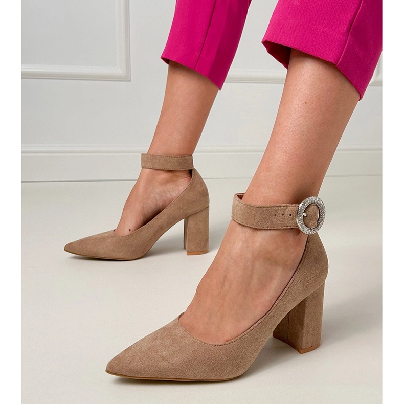 Beige pumps on the post with a buckle and zircons 1 Beige pumps on the post with a buckle and zircons 1