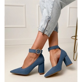 Denim pumps on the post with the buckle and zircons blue 2