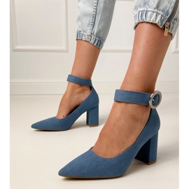 Denim pumps on the post with the buckle and zircons blue 1