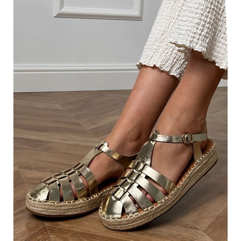 Gold sandals espadrilles gladiator from eco -leather golden 1