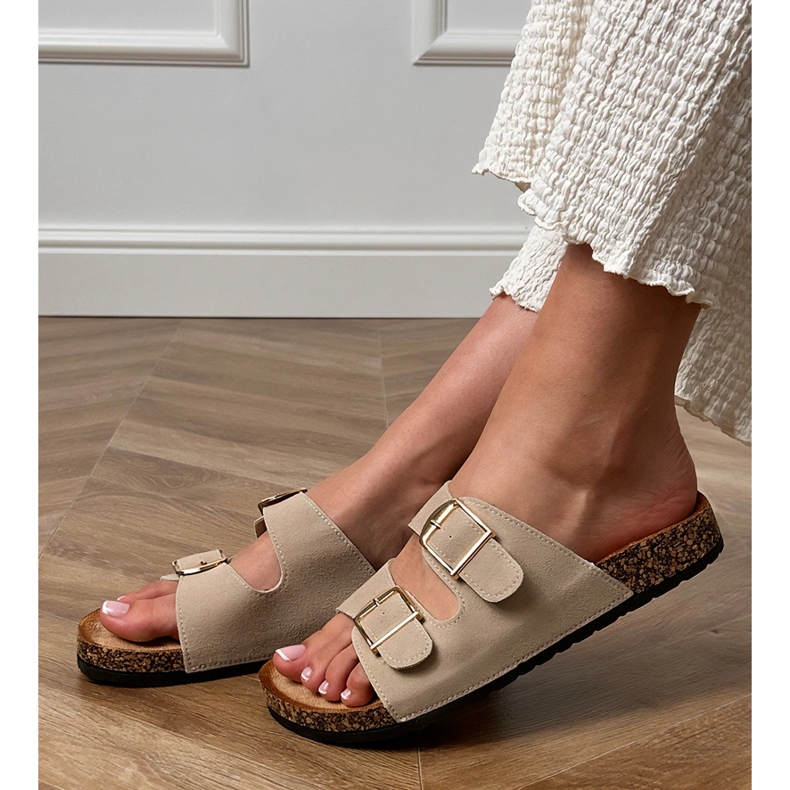 Beige flaps with clamps on a cork sole 2