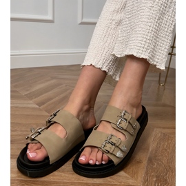 Green women's slippers with decorative buckles beige 1