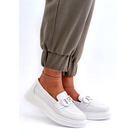 S.Barski Women's leather loafers on Platforma Białe S. Barski LR720 with an ornament white 2