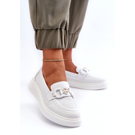 S.Barski Women's leather loafers on Platforma Białe S. Barski LR720 with an ornament white 3