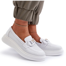 S.Barski Women's leather loafers on Platforma Białe S. Barski LR720 with an ornament white 4