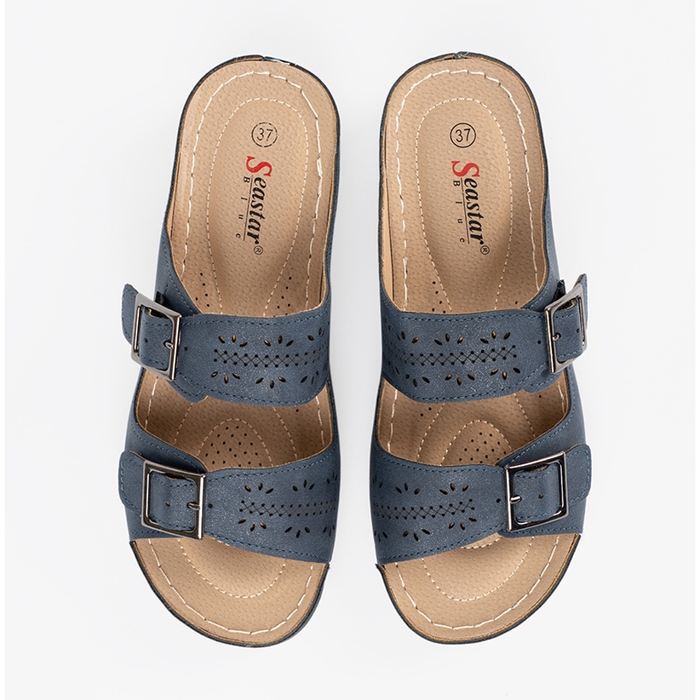 Seastar Slippers on a low wedge with blue buckles 1