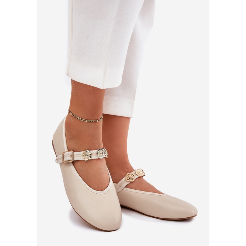 Women's ballerinas with a belt and golden pins beige 1