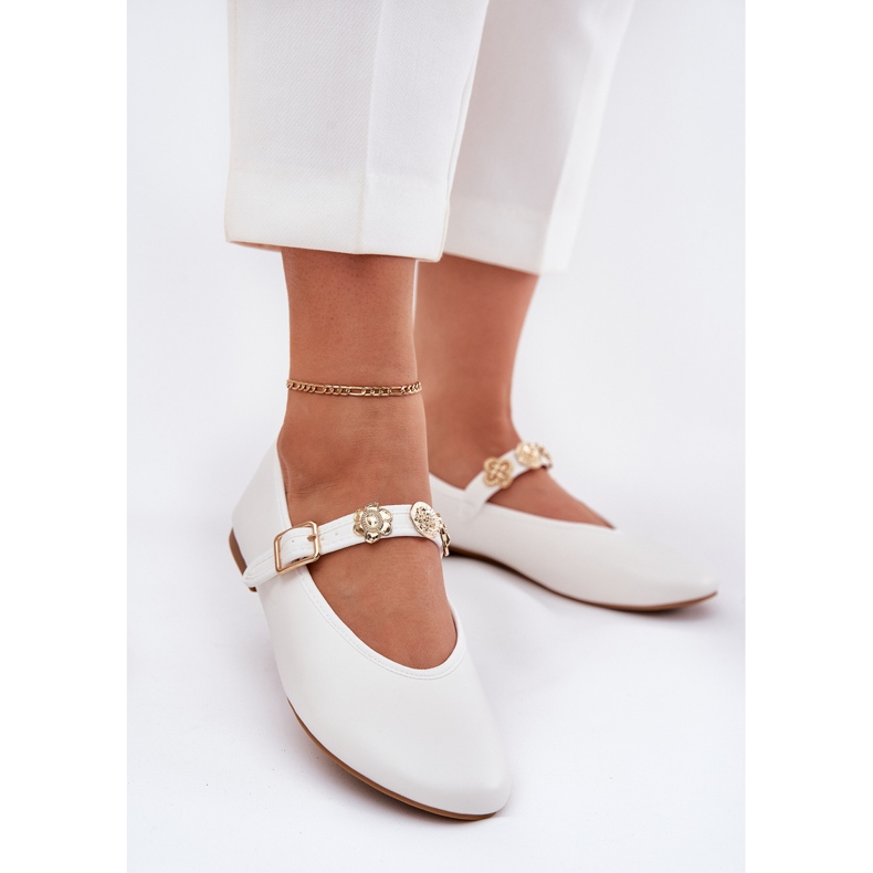 Women's ballerinas with a belt and golden pins white 2 Women's ballerinas with a belt and golden pins white 2