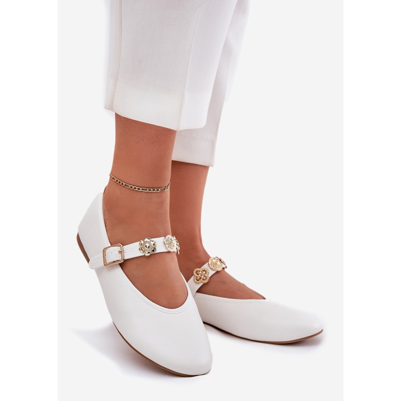 Women's ballerinas with a belt and golden pins white 1 Women's ballerinas with a belt and golden pins white 1