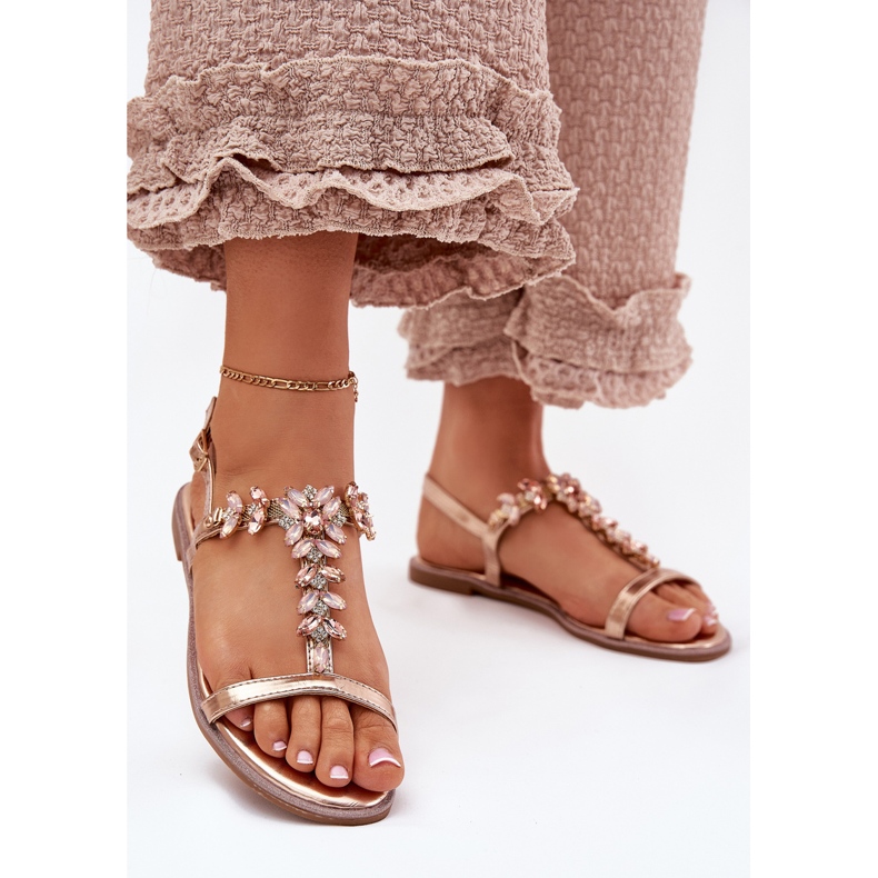 Flat women's sandals with crystals pink gold golden 2