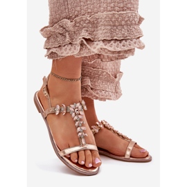 Flat women's sandals with crystals pink gold golden 1