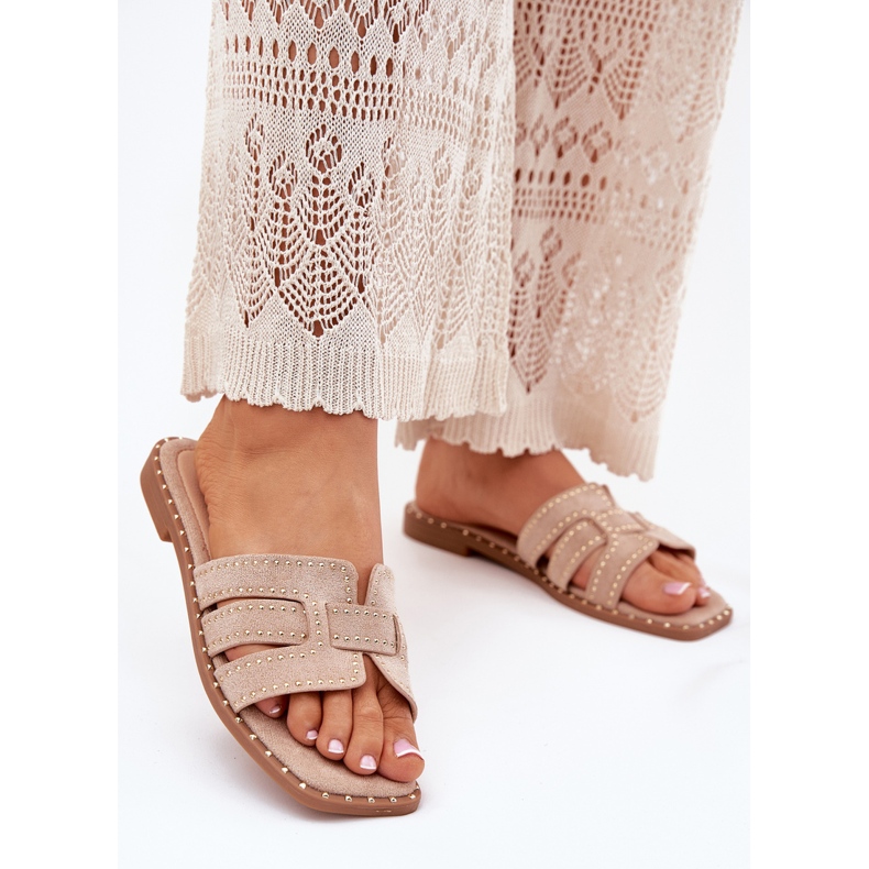 Decorated flat -heeled flip flops khaki beige 2