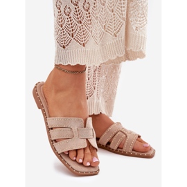 Decorated flat -heeled flip flops khaki beige 1