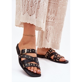 Decorated women's flat -heeled women's flip flops with stripes and black clamp 2