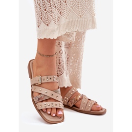 Decorated women's flat -heeled women's flip flops with stripes and a beige clamp 1