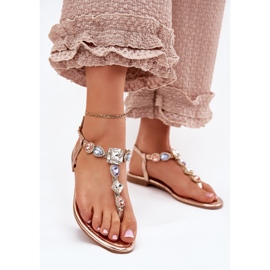 Flat -heeled women's sandals with crystals pink gold golden 2