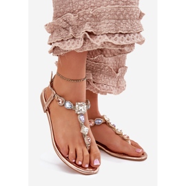 Flat -heeled women's sandals with crystals pink gold golden 1