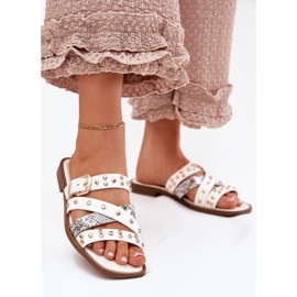 Decorated women's flat -heeled women's flip flops with stripes and white clamp 2