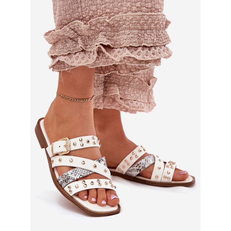 Decorated women's flat -heeled women's flip flops with stripes and white clamp 1