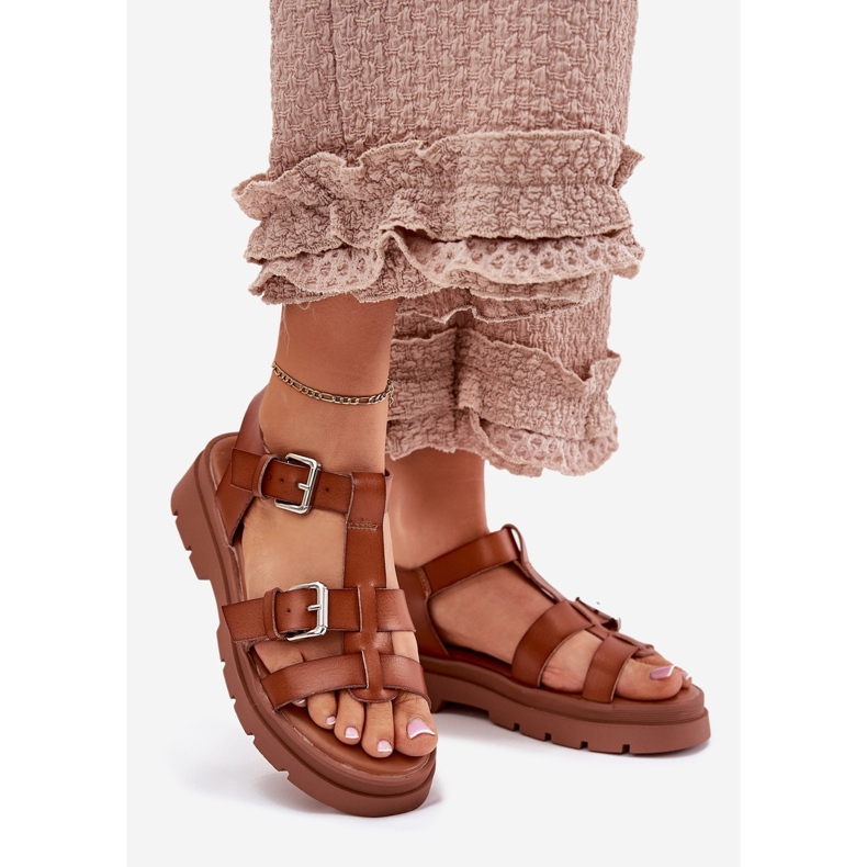 Women's Eco Leather sandals with camel buckles brown 1