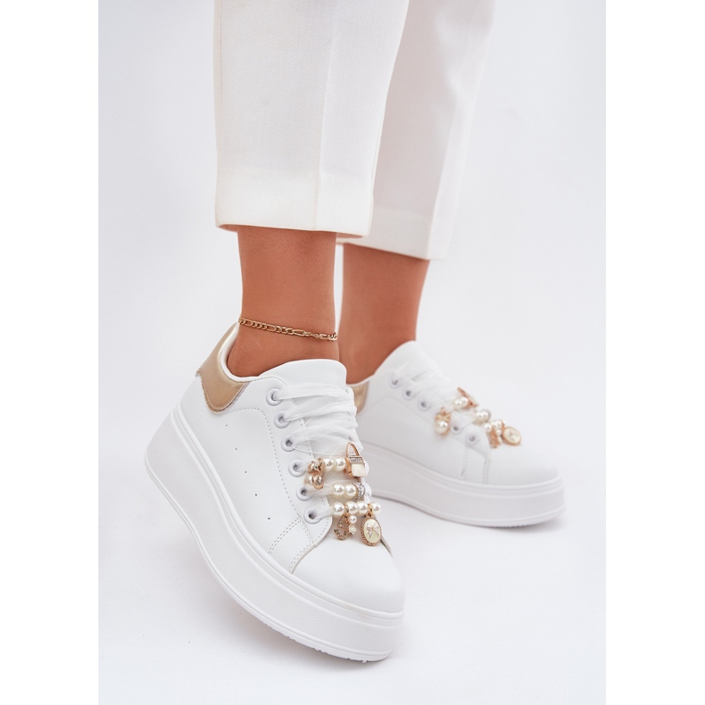 Women's sneakers on the platform with pins, white and gold 2