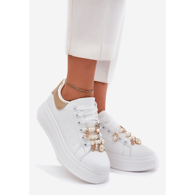 Women's sneakers on the platform with pins, white and gold 1