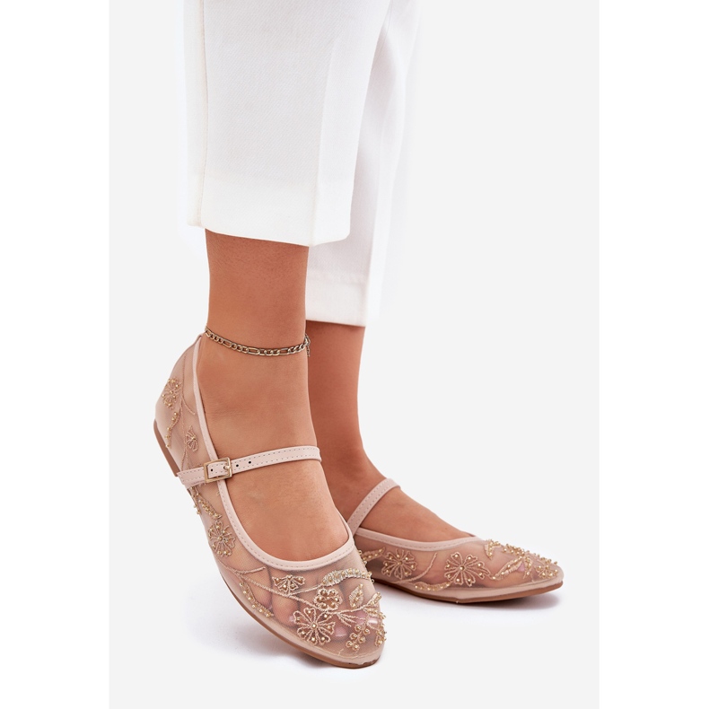 Mesh ballerinas with embroidery and beige decoration 1