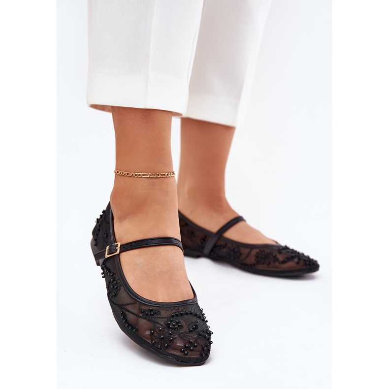 Mesh ballerinas with embroidery and black decoration 2 Mesh ballerinas with embroidery and black decoration 2