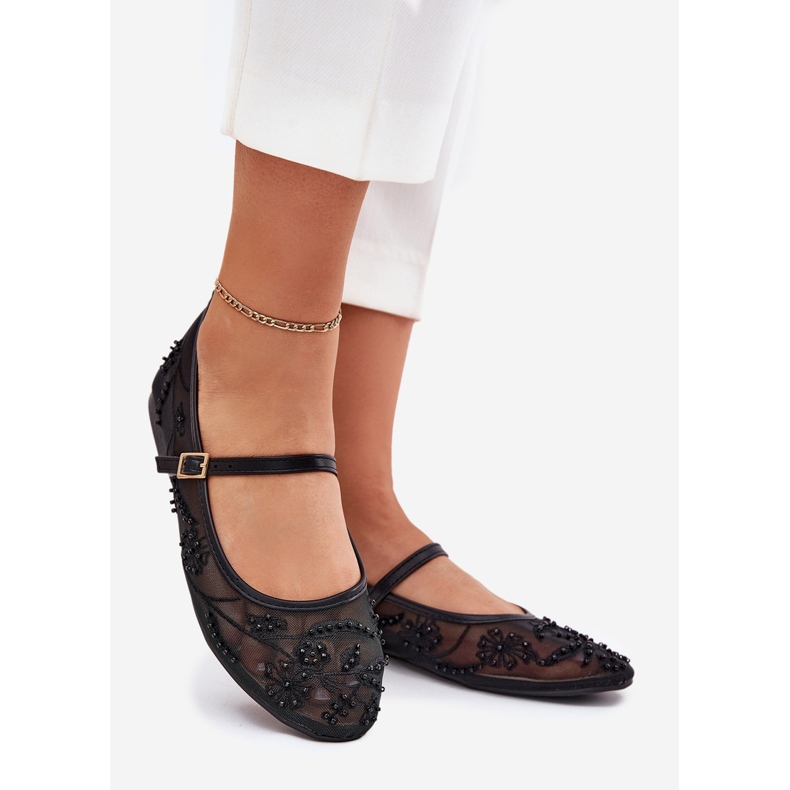 Mesh ballerinas with embroidery and black decoration 1 Mesh ballerinas with embroidery and black decoration 1
