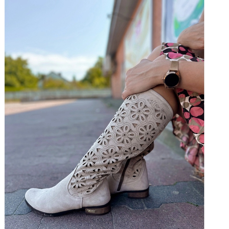 Olivier Women's light beige openwork leather boots 2