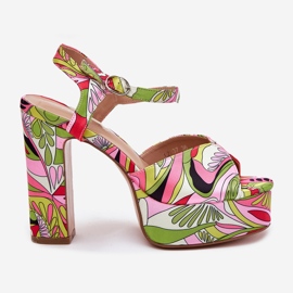 Patterned sandals on the post and pink-green platform 1