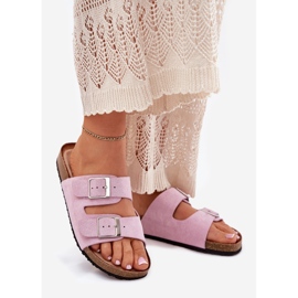 Women's flip flops on the cork platform lavender buckles purple 1