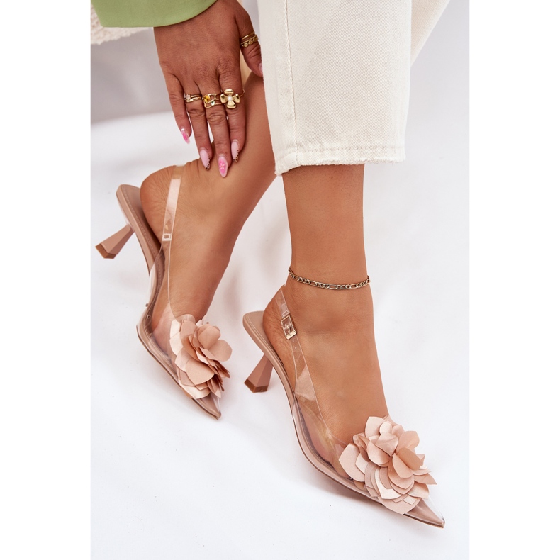 Transparent sandals on a high heel with a decorative nude flower beige 1